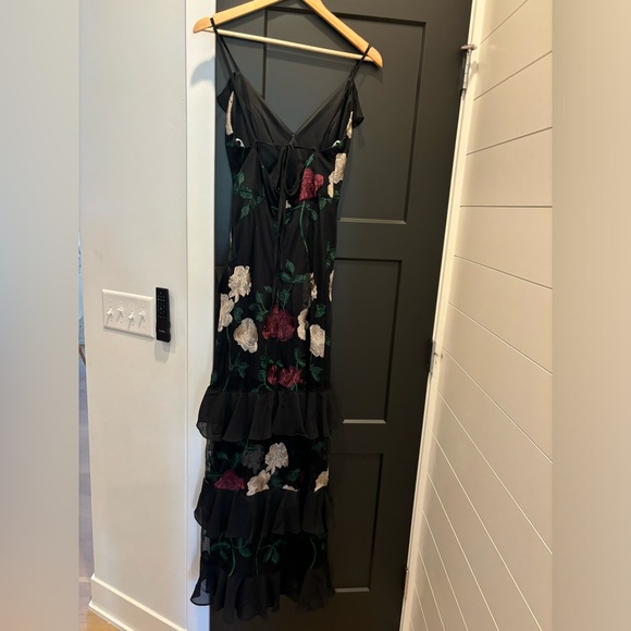 LuLus True to Heart Black Floral Embroidered Maxi Dress Rose ruffle gown Small - Picture 9 of 15